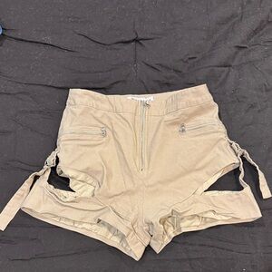 Tiger Mist Beige High-Waist Cutout Shorts with Front Zip
